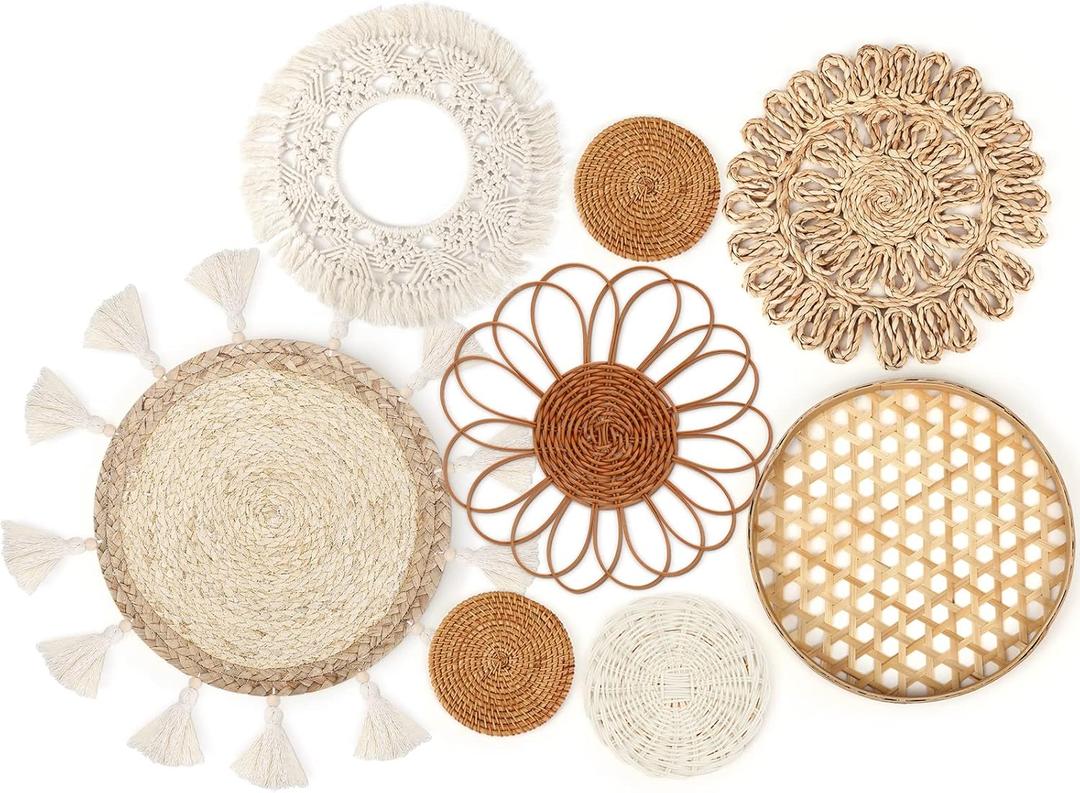 Set of 8 Boho Wall Hanging Set - Woven Rattan, Bamboo Baskets with Macrame Tassels & Tapestry for Bedroom, Living Room, Nursery Decor