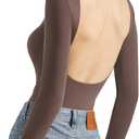 SUUKSESS Women Backless Y2k Long Sleeve Bodysuit Double Lined Open Back Sexy Basic Top (Small, Mocha)
