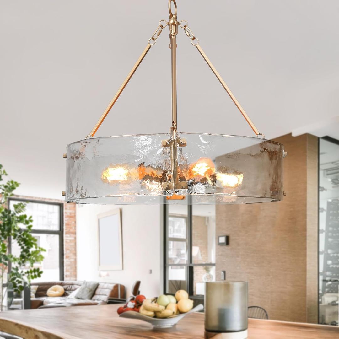 Gold Chandelier for Dining Room, 19.5 Inch Glass Drum Pendant Lights for Kitchen Island 4 Lights Modern Chandeliers for Entryway, Living Room, Bedroom, Adjustable Height Hanging Ceiling Light Fixture Gold Chandelier for Dining Room, 19.5 Inch Glass Drum Pendant Lights for Kitchen Island 4 Lights Modern Chandeliers for Entryway, Living Room, Bedroom, Adjustable Height Hanging Ceiling Light Fixture