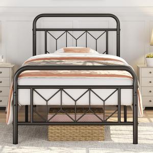 Yaheetech Metal Platform Bed Frame Mattress Foundation with Diamond Pattern Headboard/Footboard/Heavy Duty Steel Slat Support/Under Bed Storage/No Box Spring Needed/Twin Size Black