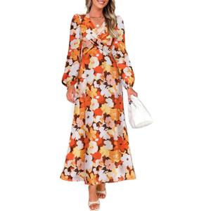 ZESICA Women's Floral Long Sleeve Midi Dresses 2026 Fall Boho V Neck Belted High Wasit Flowy Wedding Cocktail Party Dress (S)