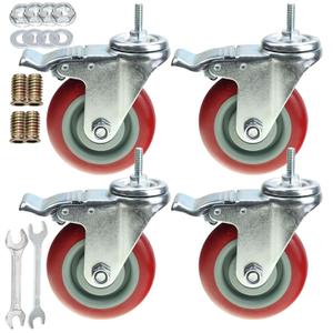 Heavy Duty Stem Caster Wheels Double Bearing PU Castors No Noise Swivel Casters M8-1.25x25mm 4 Packs with Dual Locking (4 Inch,With Brake)