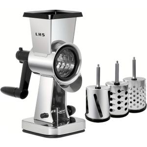 LHS Rotary Cheese Grater Stainless Steel Manual Cheese Shredder Grater Walnuts Grinder with 3 Interchangeable Drum Blades for Chocolate, Cheese and Nuts