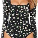 MANGOPOP Women's Square Neck Short Sleeve Long Sleeve Bodysuit Sexy Body Suits Shirt Slim Fitted Tops, X-Large