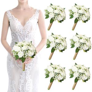 Artificial Bridesmaid Bouquets Set of 6 for Wedding - 7 inch White Flowers Bouquets for Bridesmaids, Faux Rose Gypsophila Rustic Small Floral Bouquet Fake Boho Wedding Party Ceremony Anniversary Decor