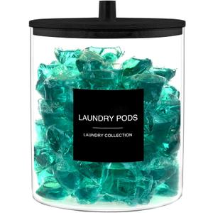 TIPGO Laundry Pods Container with 27 Labels, Glass Jars for Laundry Room Organization, Detergent Holder with Bamboo Lid, Cute Storage Jars, Black (Set of 1)