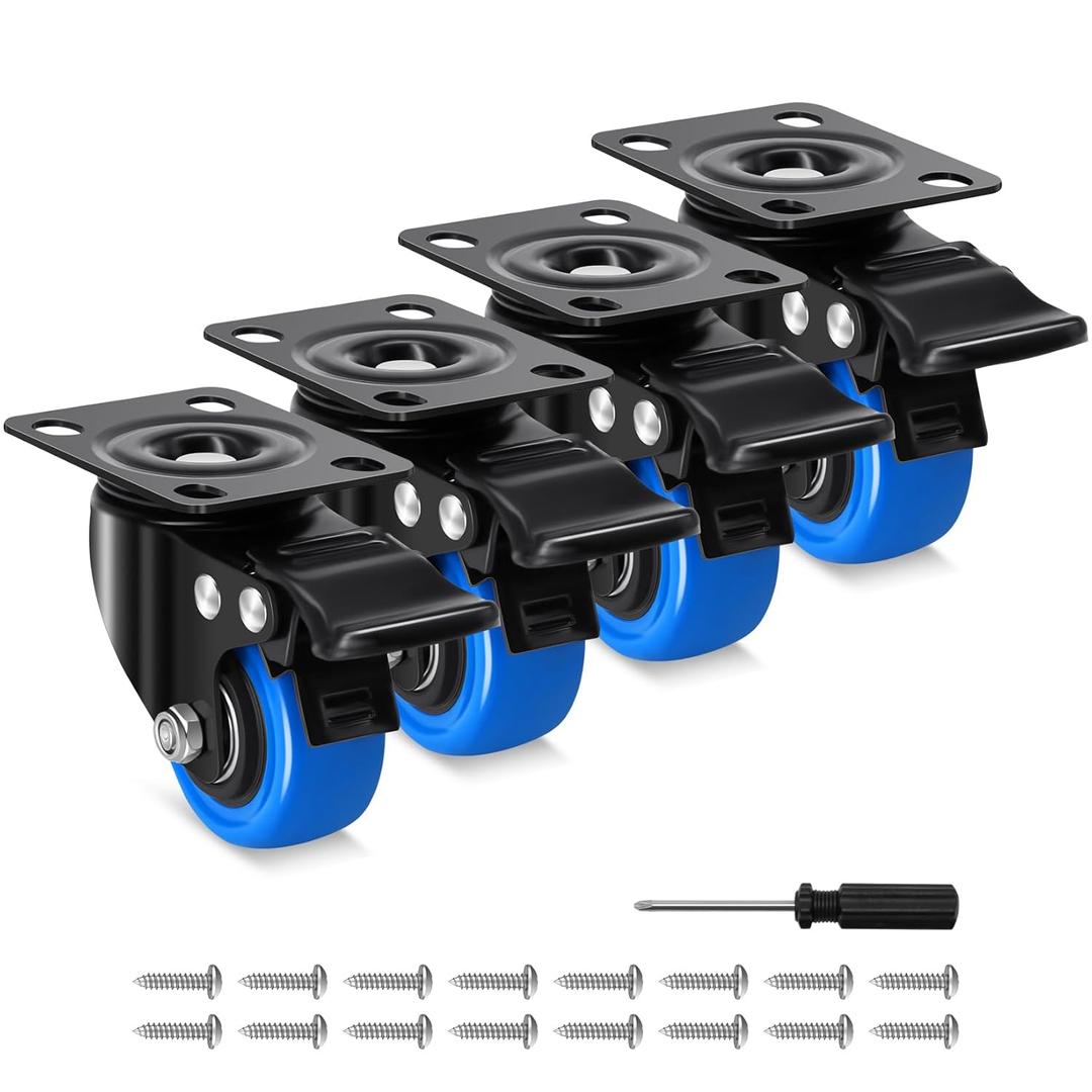 2 Inch Casters Wheel Set of 4, 600 Lbs Heavy Duty Casters, Safety Swivel Casters with Brake, No Noise Top Plate Wheels for Furniture, Carts (Free Screws and 1 Screwdriver)
