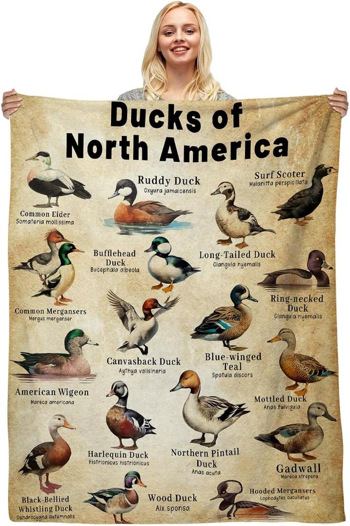 Duck Blanket, Duck Hunting Blanket for Men, Mallard Ducks Gifts for Man Lovers, Types of Ducks Hunting Gifts for Men, Soft Cozy Flannel Educational Fleece Throw Blankets Home Decor 50''x 40''