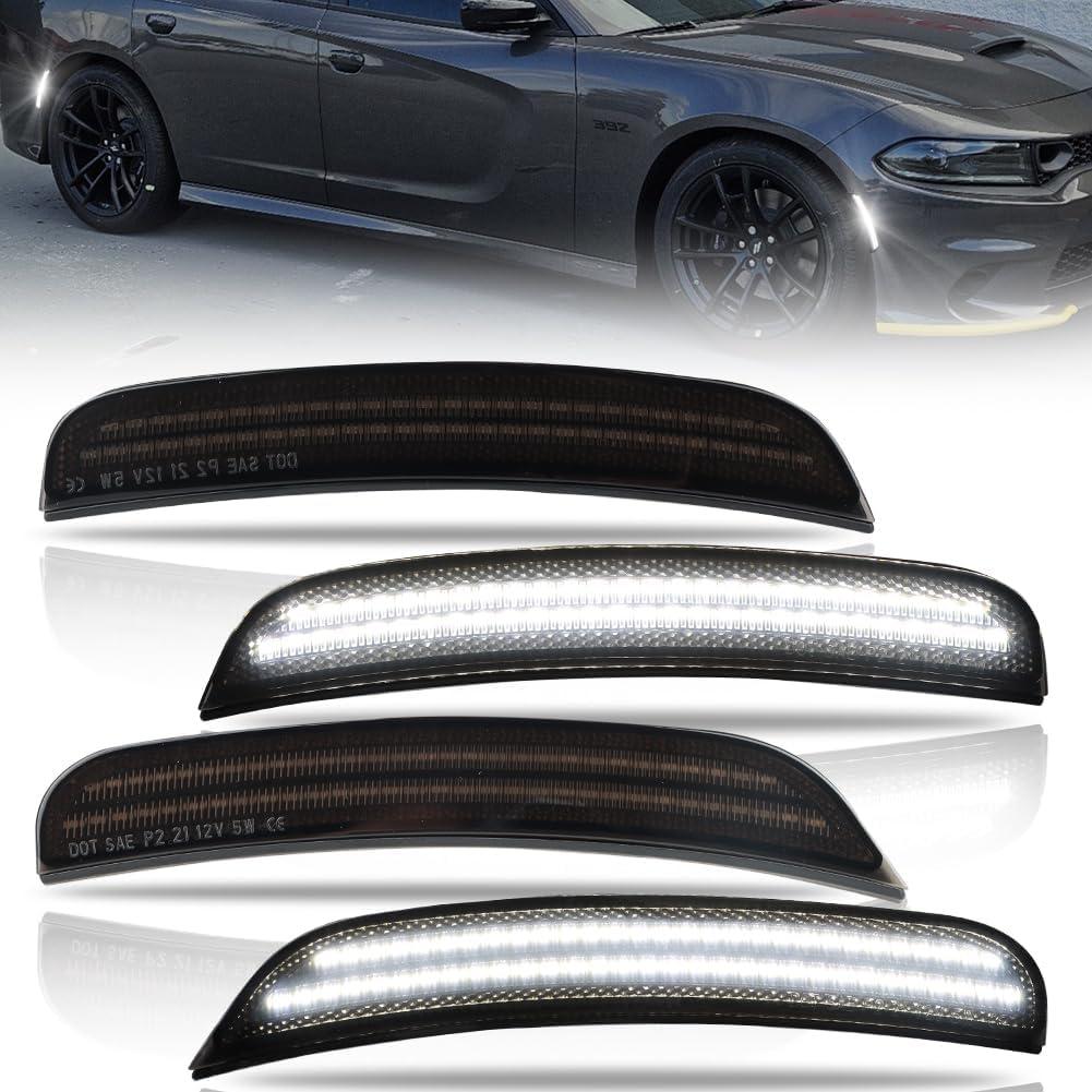 Front & Rear Fender [Ultra-Bright] 2-Row Full LED Side Marker Lights for Dodge Charger RT SXT R/T GT 2015-2023, Smoked Lens Side Bumper Marker Lamps, White LED Side Signal Lights, 4 PCS