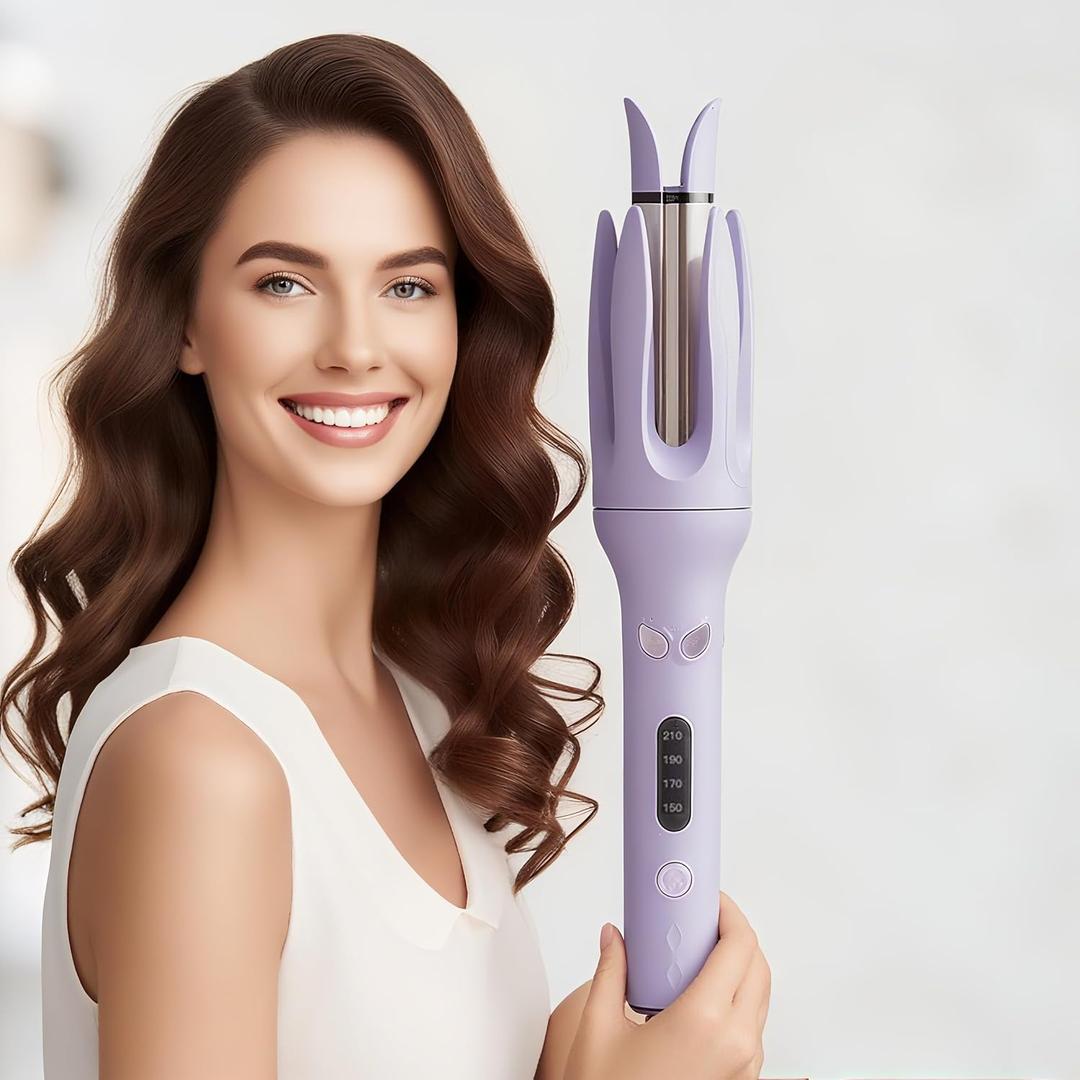 Professional Automatic Hair Curling Iron, 4 Temperature Settings, Ceramic Rotating Wand with Negative Ion Technology Travel Size 110V-240V(Purple)
