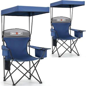 Overmont 2PCS Camping Chair with Canopy Shade Cooler Bag - Oversized Folding Beach Chair with High Back Support Big Cup Holder - Portable Lawn Chair for Outdoor Travel Sports Fishing - Support 330lbs