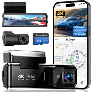4K Dual Dash Cam Front and Rear, 2 Channel Car Camera with Built-in GPS 5.8GHz WiFi, 3.5" IPS Screen, 64GB Card Included, 170 Wide Angle, Night Vision, 24H Parking Monitor for Cars