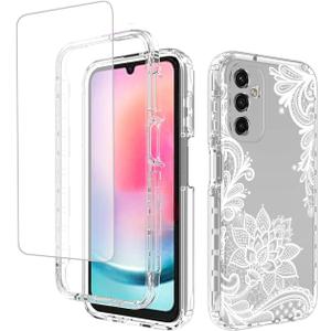 Case for Galaxy A24 4G Case, Samsung A24 4G SM-A245F with Tempered Glass Screen Protector,Floral Design Shockproof Bumper Full Body Protective Cell Phone Cover for Samsung Galaxy A24 Mandala