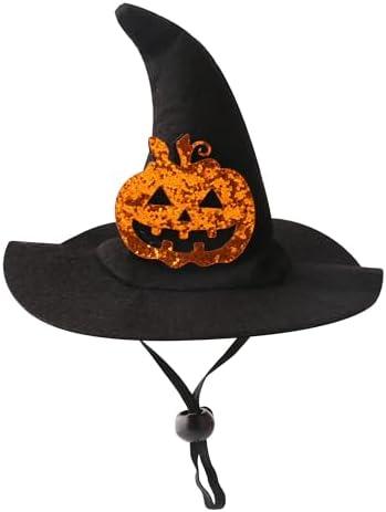 Halloween Pet Costume, Witch Hat for Cats Dogs, Black Adjustable Wizard Hat with Pumpkin Design, Witch Accessories for Small Medium Pets