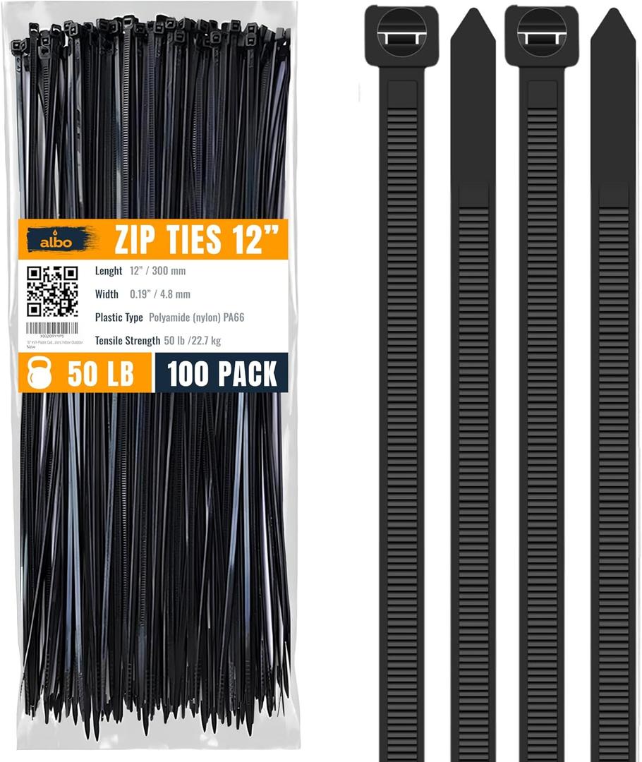 ALBO Black Zip Ties 12 Inch Long Zip Ties Plastic Cable Ties Thick 0.19 Inch 200 Pack Tie Wraps Heavy Duty 50lb UV Resistant Nylon Wire Ties for Indoor and Outdoor