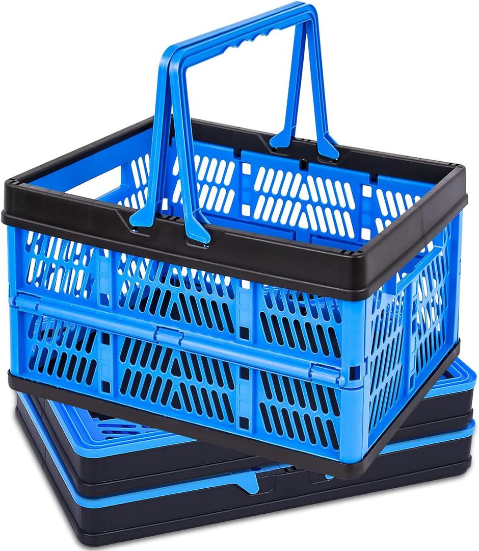 3 Packs 20L Collapsible Plastic Shopping Basket with Handles - Plastic Collapsible Storage Bins, Multi-function Collapsible Storage Crates Black & Blue