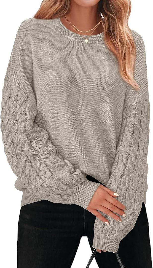 PRETTYGARDEN Womens Fall Sweaters 2025 Cable Knit Long Sleeve Crewneck Casual Chunky Pullover Oversized Sweater Outfits (Large, Grey Apricot)