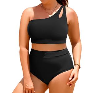 Tempt Me Plus Size High Waisted Bikini Set for Women Two Piece One Shoulder Swimsuit Keyhole Bathing Suits (Black, 20+)