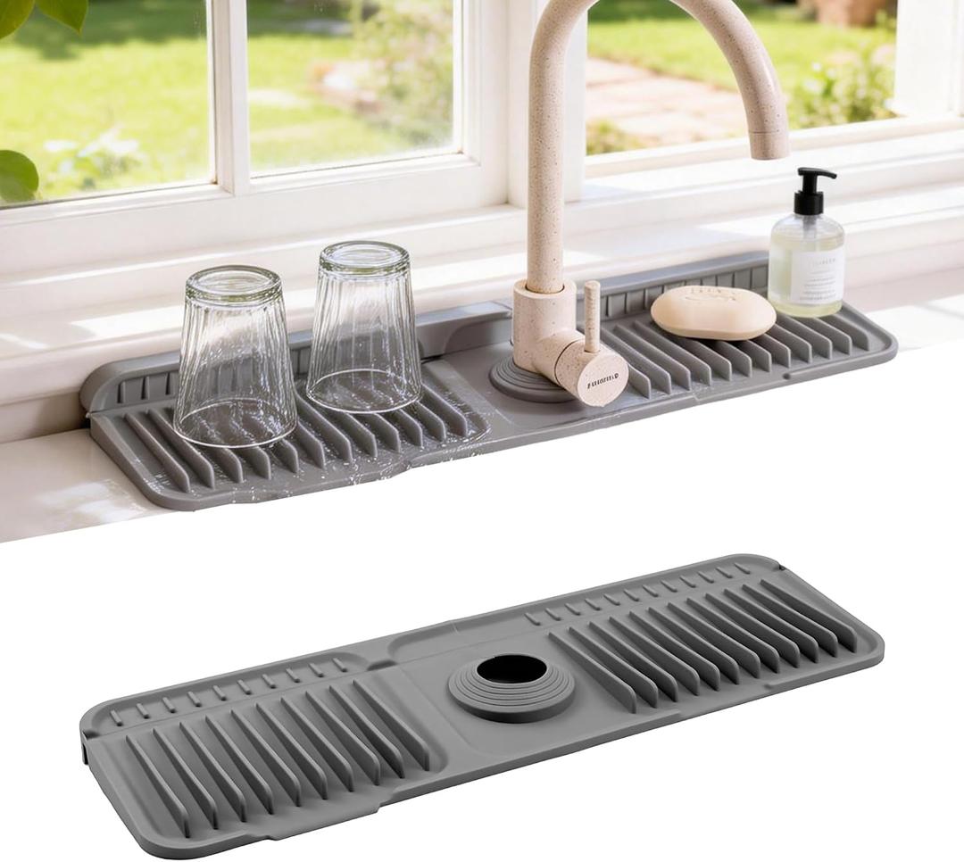 ZJWZLG Faucet Mat for Kitchen Sink, 17.7"X5.5" Silicone Sink Splash Guard with Soap Holder, Snap-On Design & 7°slope Fast Drain, Folding Sink Faucet Mat for Universal Kitchen Bathroom Sink（Grey）