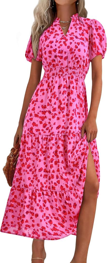 MASCOMODA Summer Maxi Dresses for Women 2026 Casual V Neck Puff Short Sleeve Smocked Flowy Beach Boho Long Floral Dress (Large, F-rose Red)