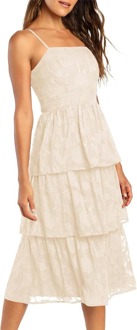 Ferlema Women Summer Dresses Sleeveless Smocked Midi Dress High Waist Tiered Flowy Elegant Floral Long Dress Beige X-Large