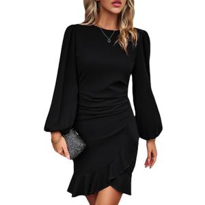 Spicy Sandia Women Ruched Bodycon Cocktail Formal Mini Dress Elegant Ruffled Lantern Sleeve Business Work Banquet Tulip Dress, Large