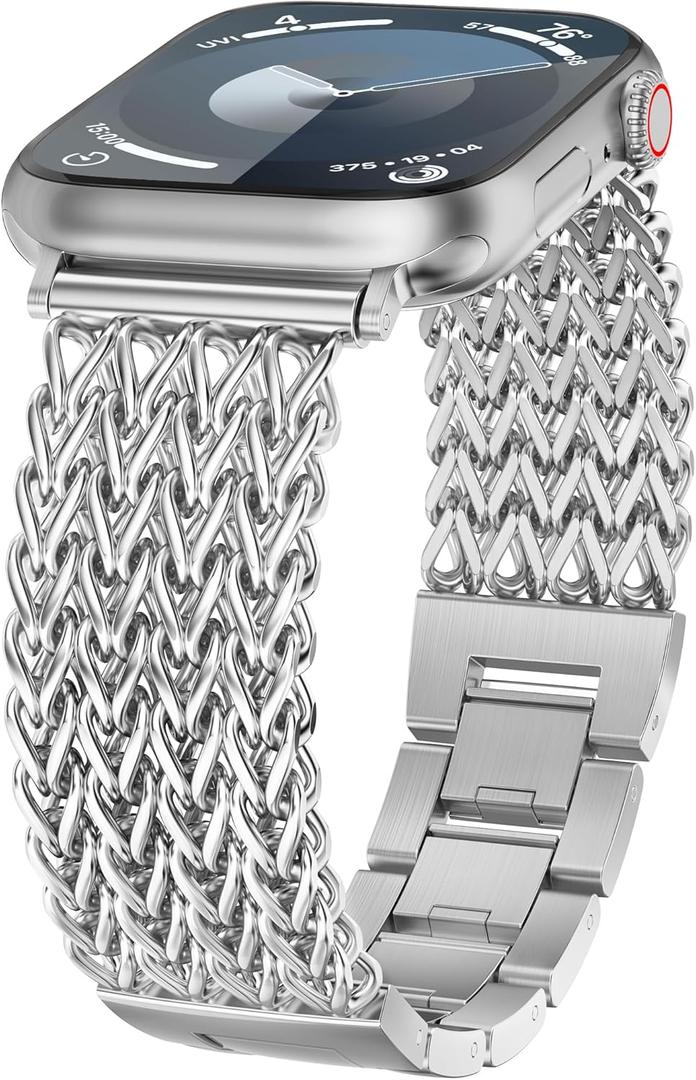 Minyee Compatible with Apple Watch Band 41/40/38/44/45/46/49/42mm Women, Dressy Stainless Steel Metal Chain Strap Designer Starlight Link Bracelet Wristband for iWatch Series 10 9 8 7 6 5 4 Ultra SE (Silver)