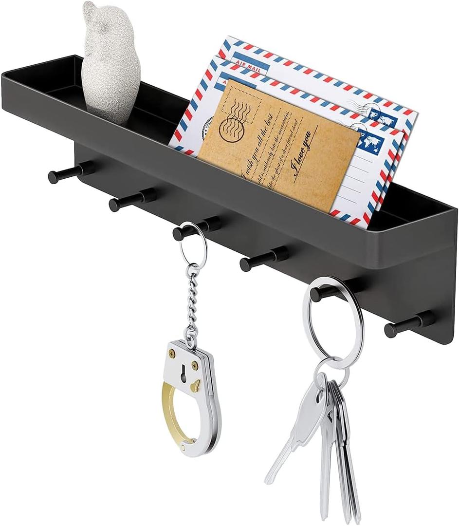 MKO Key Holder Wall Mount, Key Holder Wall Mount Adhesive with Mail Organizer Tray with 6 Key Hooks for Wall, Black (1 Piece)