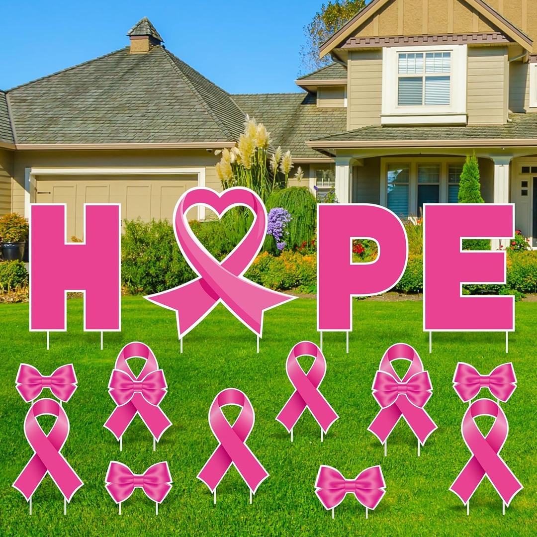 16 Pcs Breast Cancer Awareness Yard Signs Water-resistant Hope Pink Ribbon Yard Sign with Plastic Stakes for Breast Cancer Awareness Lawn Garden Outdoor Decorations