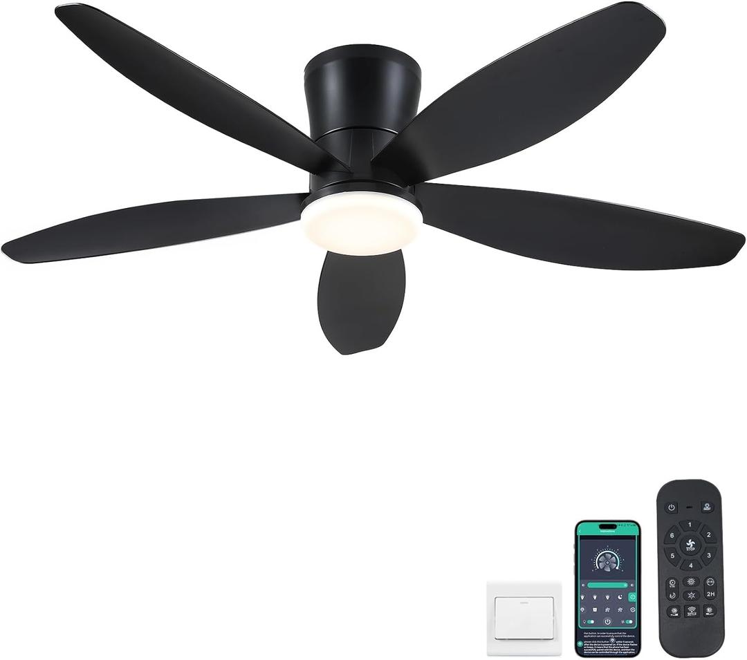 48" Ceiling Fans with Lights-Low Profile Ceiling Fan with Light and Remote/APP Control, Black Flush Mount Ceiling Fans,DC Reversible,LED Dimmable