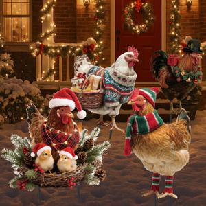Otoolling 4 Pcs Large Metal Christmas Chicken Yard Sign with Stake 23'' Heavy Duty Christmas Rooster Decoration Outdoor Waterproof Chicken Yard Signs for Garden Lawn Porch Sidewalk Xmas Holiday