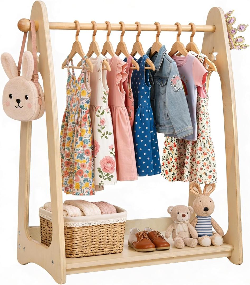 Kids Dress Up Rack for Girls Boys and Toddlers Ages 2-6, Natural Wood Kids Clothing Rack with Shelf, Side Hooks, Costume Rack and Dress Up Storage Organizer for Bedroom Playroom Nursery