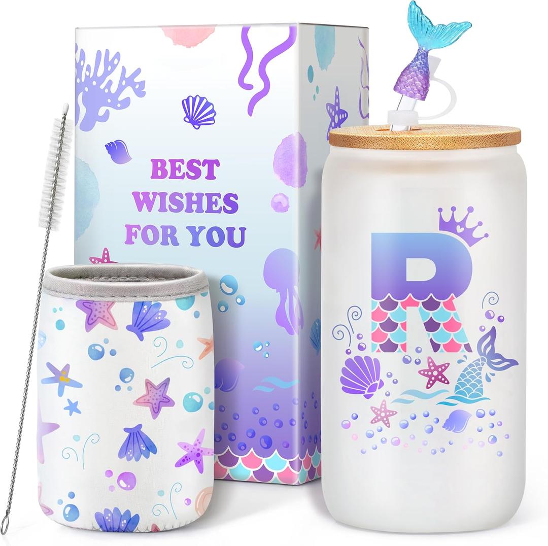 Clexela Birthday Gifts for 4 5 6 7 8 9 10 11 12 Year Old Girls Monogrammed Initial Glass Cups,16oz Glass Cups with lid and straw, Personlized Valentine Mermaid Gifts for Kids Girls Purple R