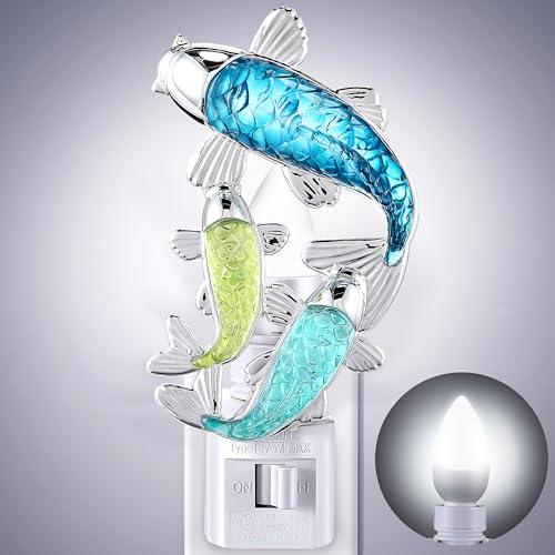Fish Night Light, Beach Night Light, Plug into Wall Lamp with Manual Switch, LED Energy Saving Bulb and 360° Rotating Plug, Beach Theme Nautical Decor for Kids Bedroom, Bathroom, Hallway