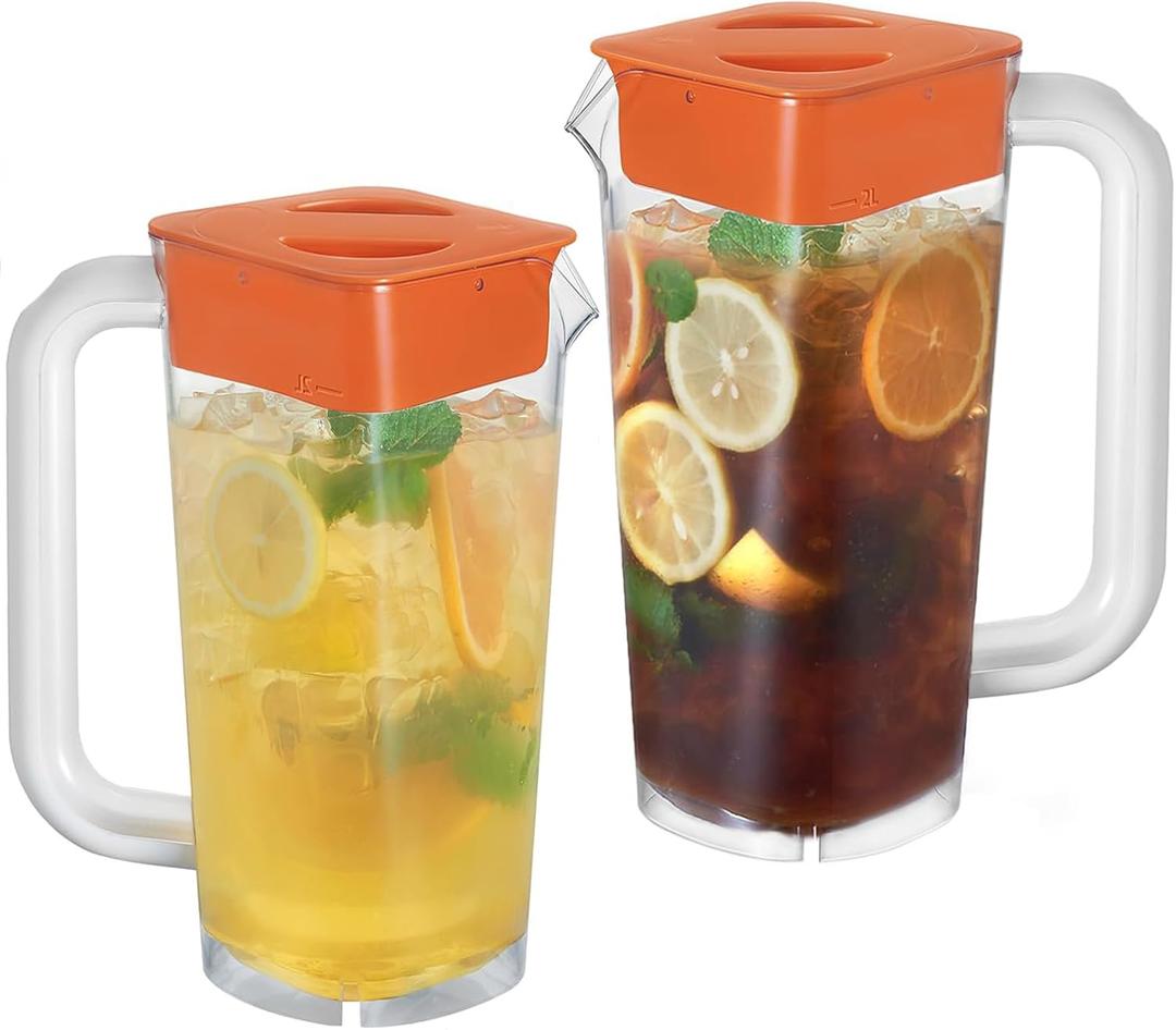 CURTA 2 Pack 2 Liters/68 oz Plastic Square Pitcher with Lid & Handle for Kitchen,ICED JUICE and Coffee Carafe Beverage Serveware, Acrylic Water Jug for Hot/Cold Drinks&lemonade (Orange & Orange)