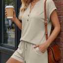 LILLUSORY Womens Henley 2 Piece Short Sets Summer 2026 Lounge Spring Beach Airport Travel Vacation Outfits Matching Sweatsuit (Beige, L)