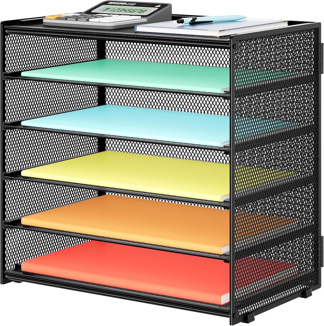 Paper Organizer Storage for Desk Accessories & Workspace Organizers 6 Tier Letter Tray Desk File Organization Metal Mesh Paper Sorter for Office-Black