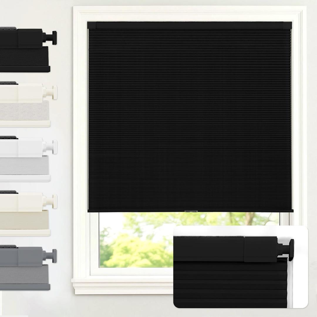 AOSKY No Drill Cordless Blackout Cellular Shades, 34" W x 64" H, Black | No Tools Honeycomb Blinds for Indoor Windows, Free-Stop Blackout Shades for Home, Thermal Insulated, Noise Reducing