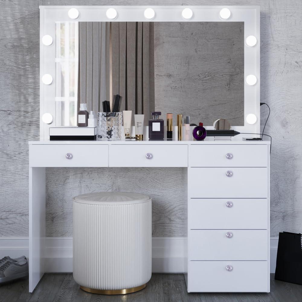 Boahaus Serena White Makeup Vanity with Mirror and 11 Lights, 7 Drawers, Glass Top, Crystal Knobs, USB-A & USB-C Ports, 110V Power Outlet, Bedroom Vanity Desk (White)