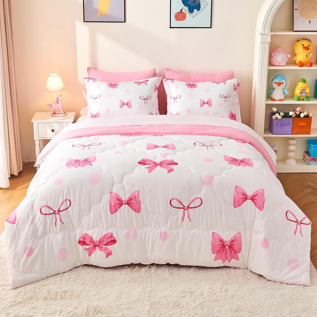 Wajade 7 Piece Pink Bow Bedding Set for Girls Kids Queen Size Comforter Set with Sheet and 2 Pillowcases 2 Pillow Shams Cute Girls Bed in a Bag as Birthday Choice