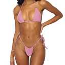 MIYOUJ Women Halter String Bikini Set Sexy Thong Cheeky Two Piece Swimsuits Solid Color Bathing Swimwear (Pink, Medium)