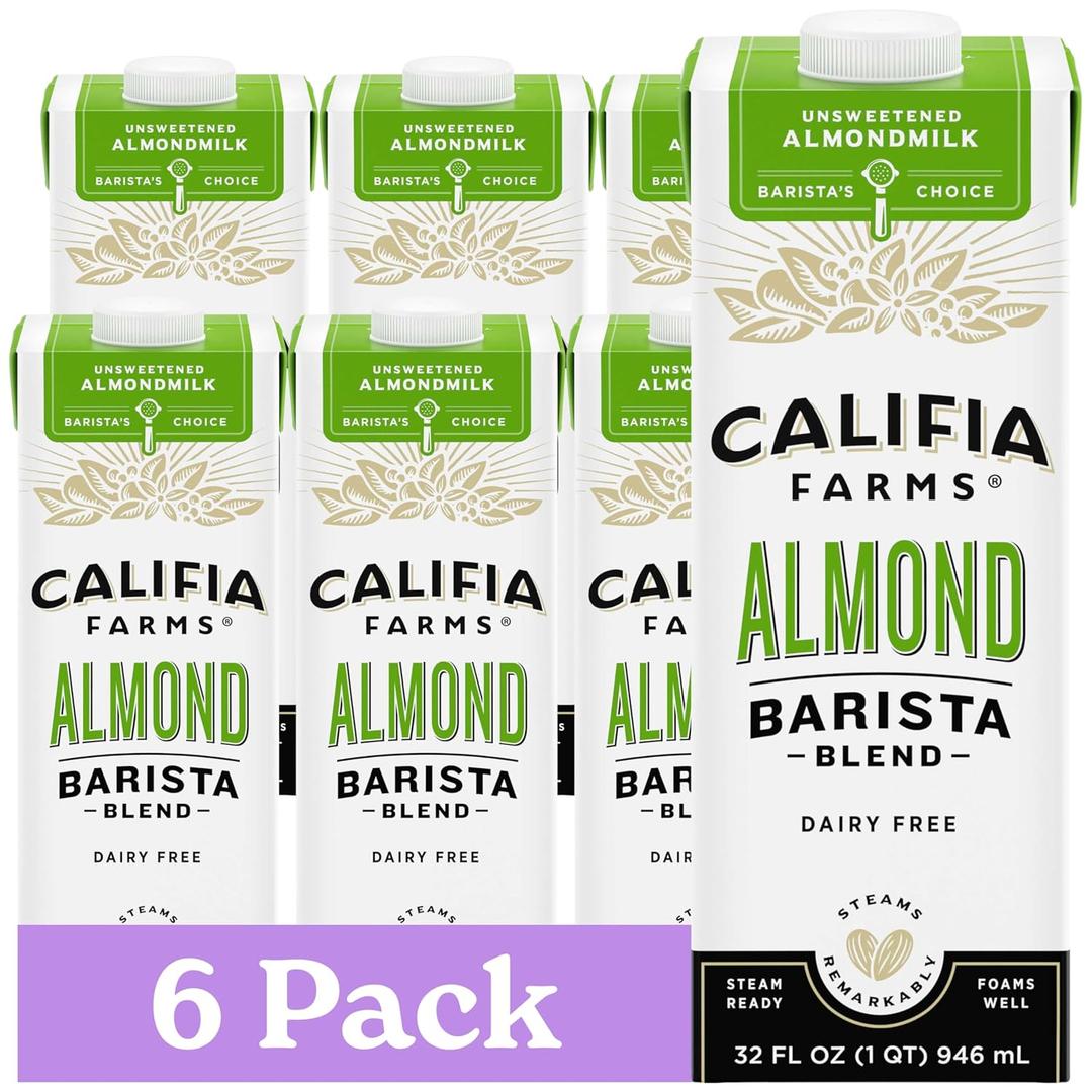 Califia Farms - Unsweetened Almond Barista Blend Almond Milk, 32 Oz (Pack Of 6), Shelf Stable, Dairy Free, Plant Based, Vegan, Gluten Free, Non GMO, Sugar Free, Milk Frother, Creamer (EXP 01/01/27)