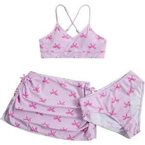 Floerns Girl's 3 Piece Swimsuit Cherry Print Cute Bikini Set with Cover Up Skirt, pink bow, 11 years