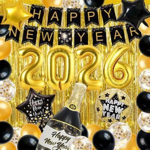 2026 New Years Eve Party Decorations - Gold and Black Balloon Kit with Banner, Curtains, Star & Champagne Balloons for NYE Countdown Party Supplies