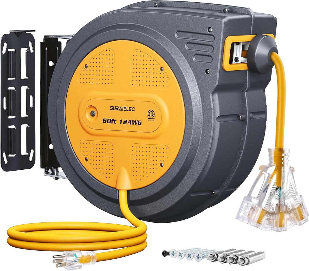 SURAIELEC 12 Gauge Extension Cord Reel, 60 FT Retractable Extension Cord, 12 AWG/3C SJTOW Heavy Duty Power Cord, 13 AMP Circuit Breaker, Lighted Triple Tap, Ceiling or Wall Mount, ETL Listed (Yellow)