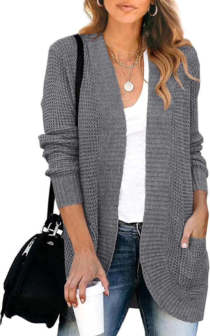 KIRUNDO Cardigan Sweaters for Women 2024 Fall Open Front Long Sleeve Loose Lightweight Knit Sweater Coat with Pockets (Gray, L)