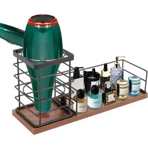 Hair Tool Organizer, Movable Hair Dryer Holder, Hair Styling Tools Storage for Vanity, Bath Counter Organizer, Bathroom Trays for Hair Toiletry, Makeup (12" x 3.7" x 5.8", Wood-Black)