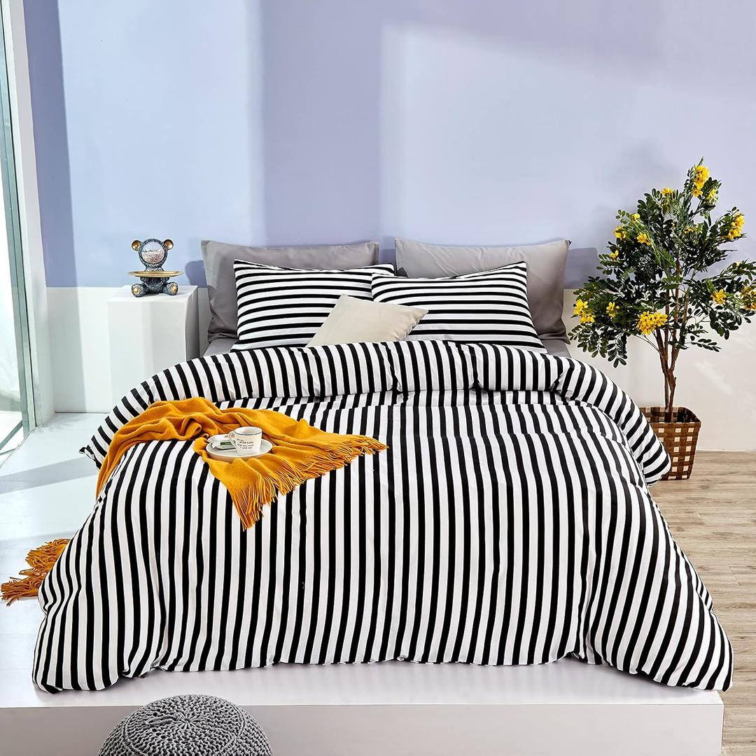 Karever White and Black Striped Comforter Set Full/Queen Soft Durable Striated Bedding Set Ticking Quilts for Girls Boys Hotel Quality