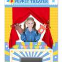 gisgfim Doorway Puppet Theater with 2 Adjustable Rods 31x67 In Blue Red Foldable Hanging Puppet Show Theater for Kids Pretend Play Hand Puppets Educational Kids Activities Toys Easy to Set Up Put Away