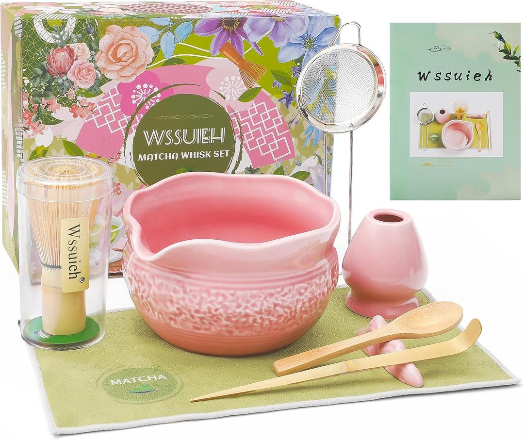 Pink Matcha Set, 8 Pcs Complete Ceramic Matcha Making Kit with Bowl, Bamboo Whisk & Holder, Stainless Sifter, Tea Towel, Scoop & Scoop Rest